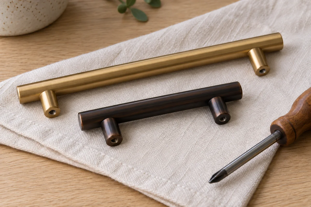 Two loose cabinet pulls with their mounting posts visible, beside a manual screwdriver on a wood surface.
