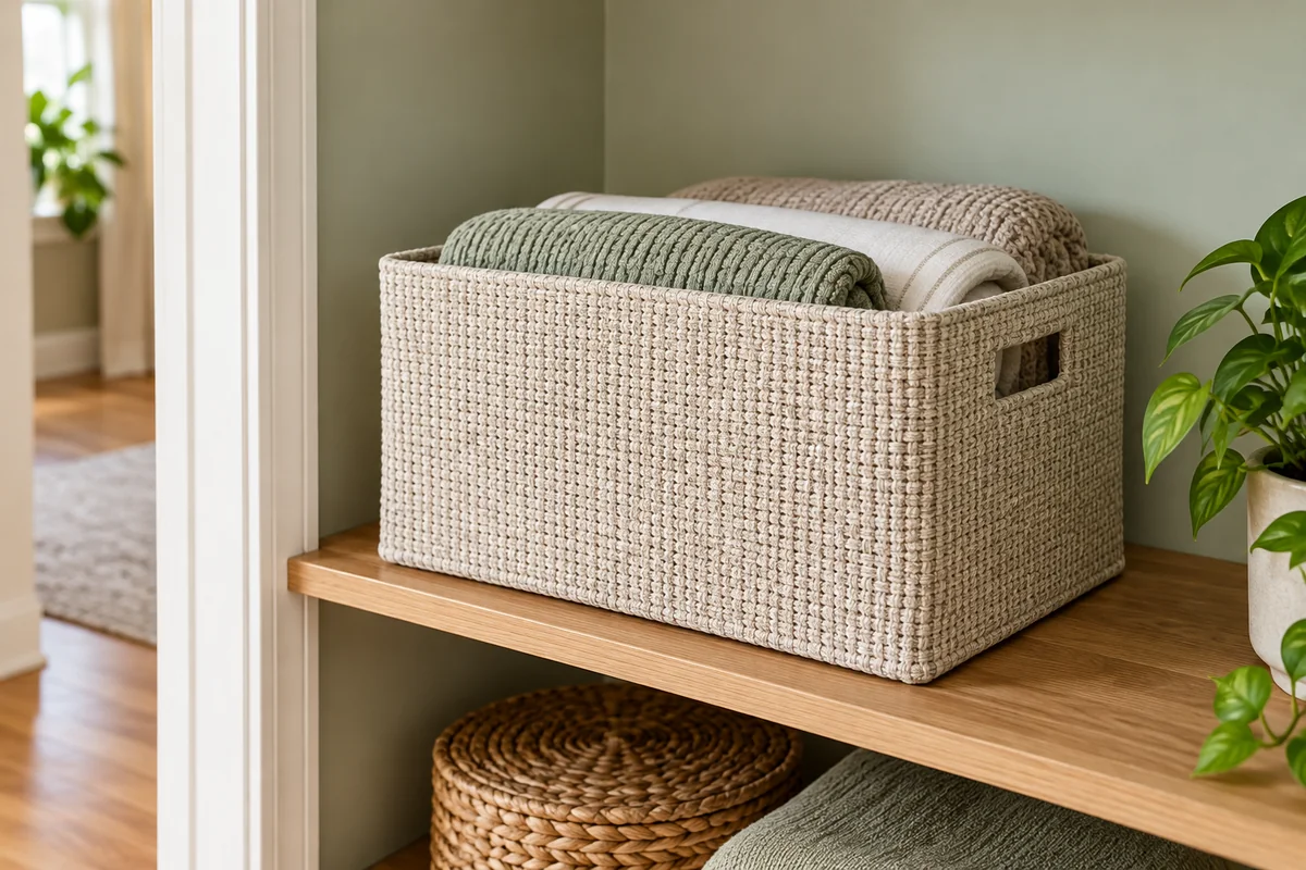 A fabric bin on a wooden shelf with visible space above and beside it.