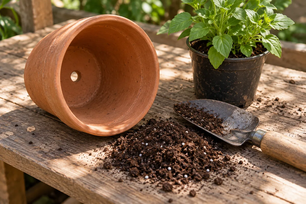 A tilted terracotta pot with a visible drainage hole beside container potting mix and a trowel.