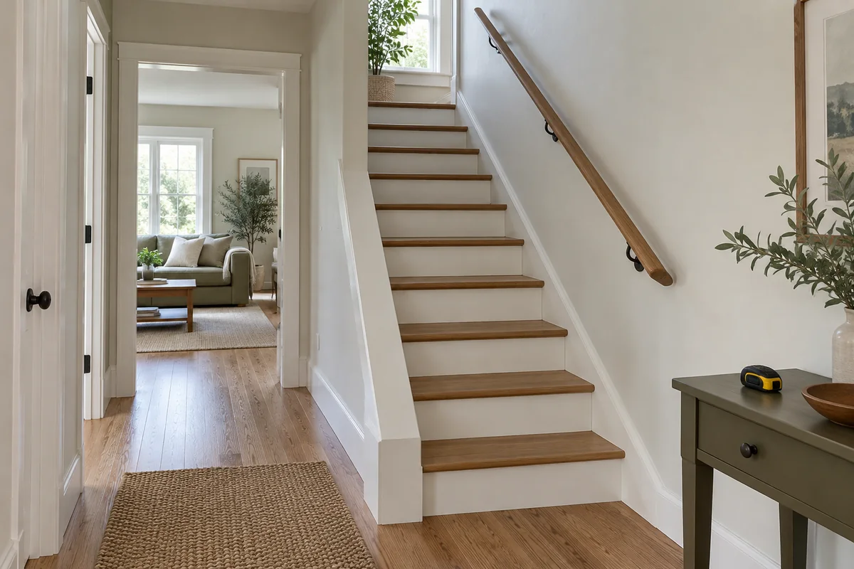 A hallway door frame and projecting stair handrail showing features that can narrow a delivery route.
