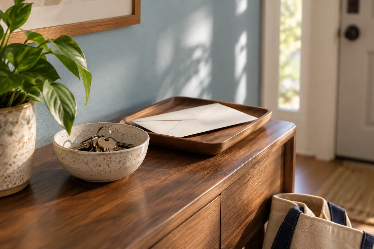 A ceramic bowl of keys and a separate outgoing-mail tray on a small console.