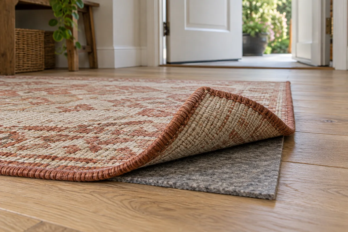 A lifted corner of a flatwoven rug revealing a separate thin gray underlay on a pale wood floor.