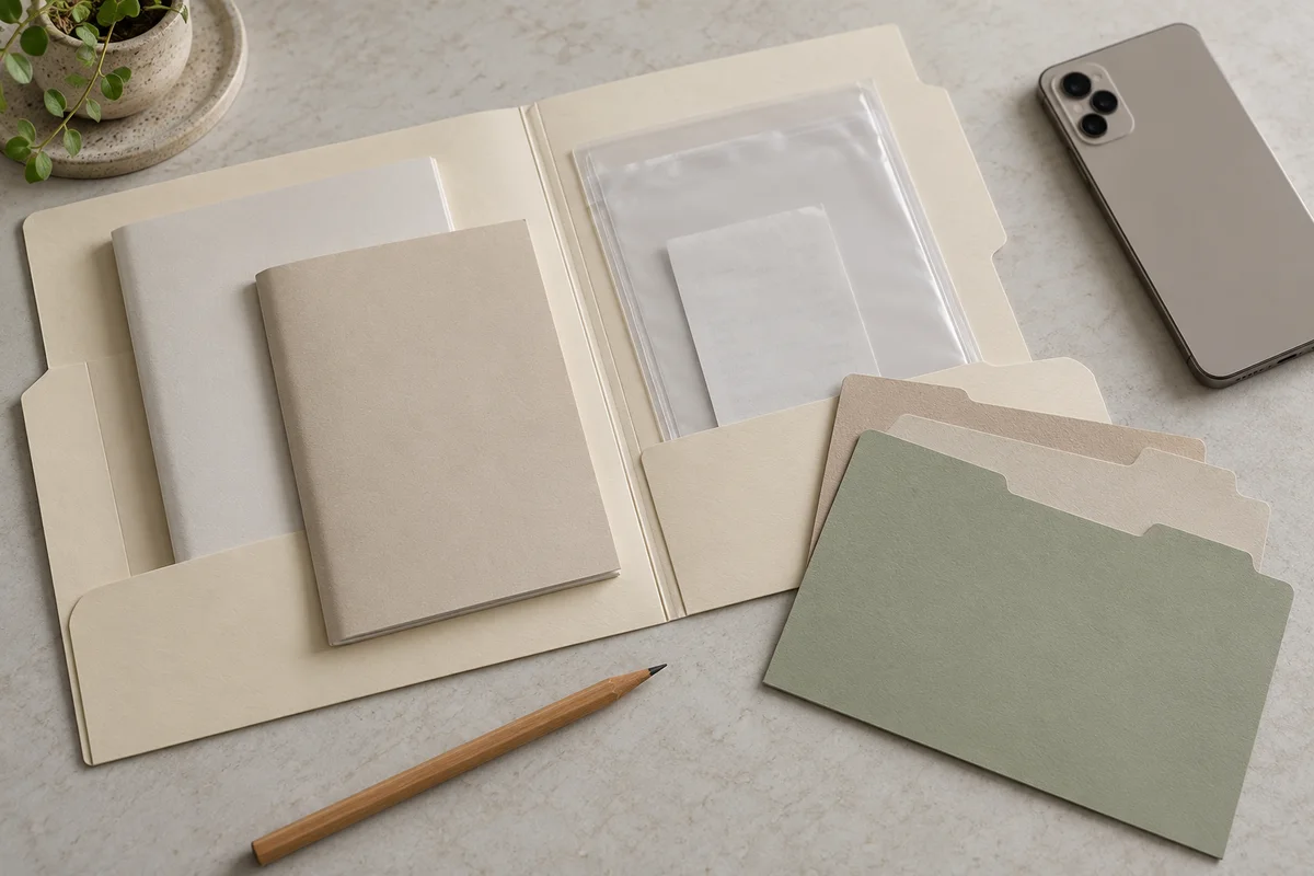 An open cream folder containing plain booklets and a document sleeve, with blank tab dividers and a phone nearby.