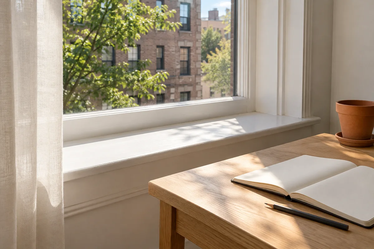 Sunlight crossing an empty window ledge and oak table beside a blank notebook and an empty terracotta pot.