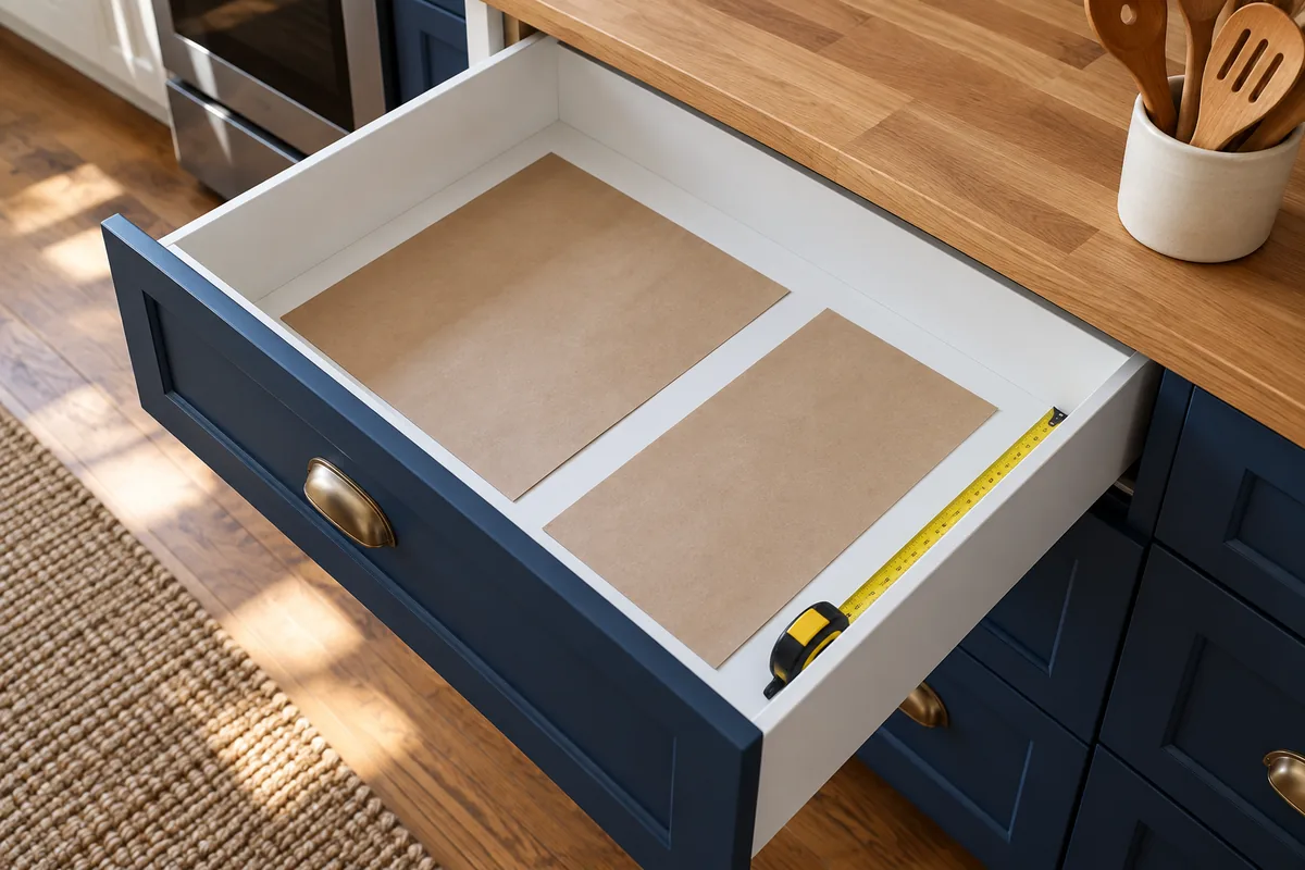Blank paper templates inside an empty drawer with a tape measure and utensils nearby.