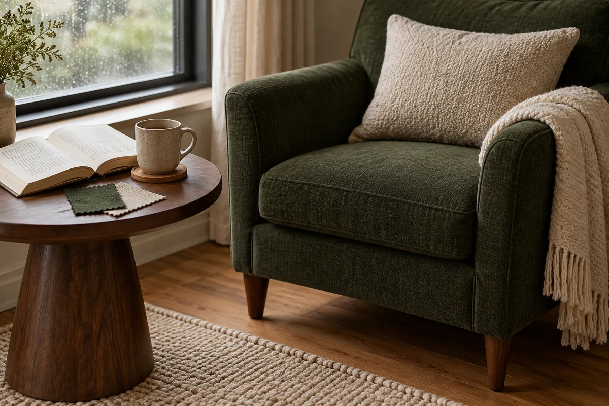 A green armchair and side table with a mug, book, throw, and fabric swatches.