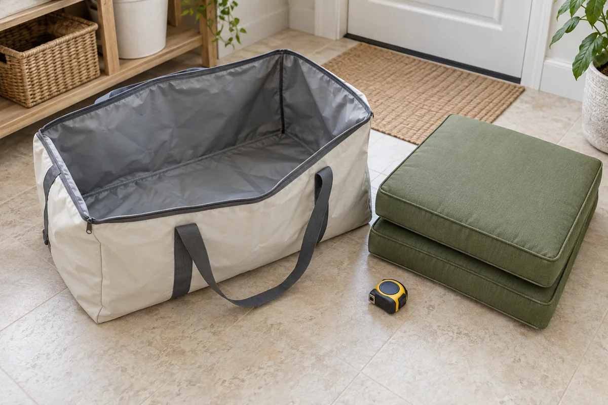 Two olive patio cushions beside a fully open fabric storage bag and a closed tape measure.
