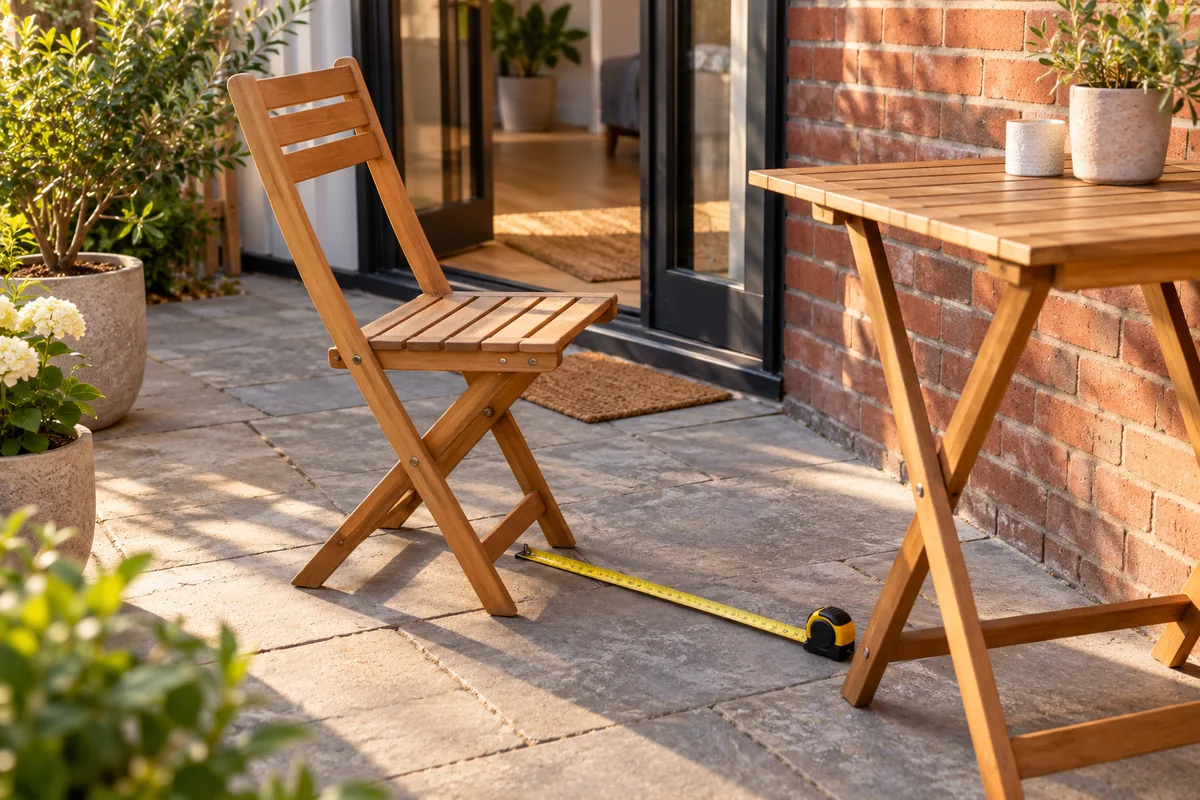 An outdoor chair pulled back from a small table with a measuring tape on the paving.
