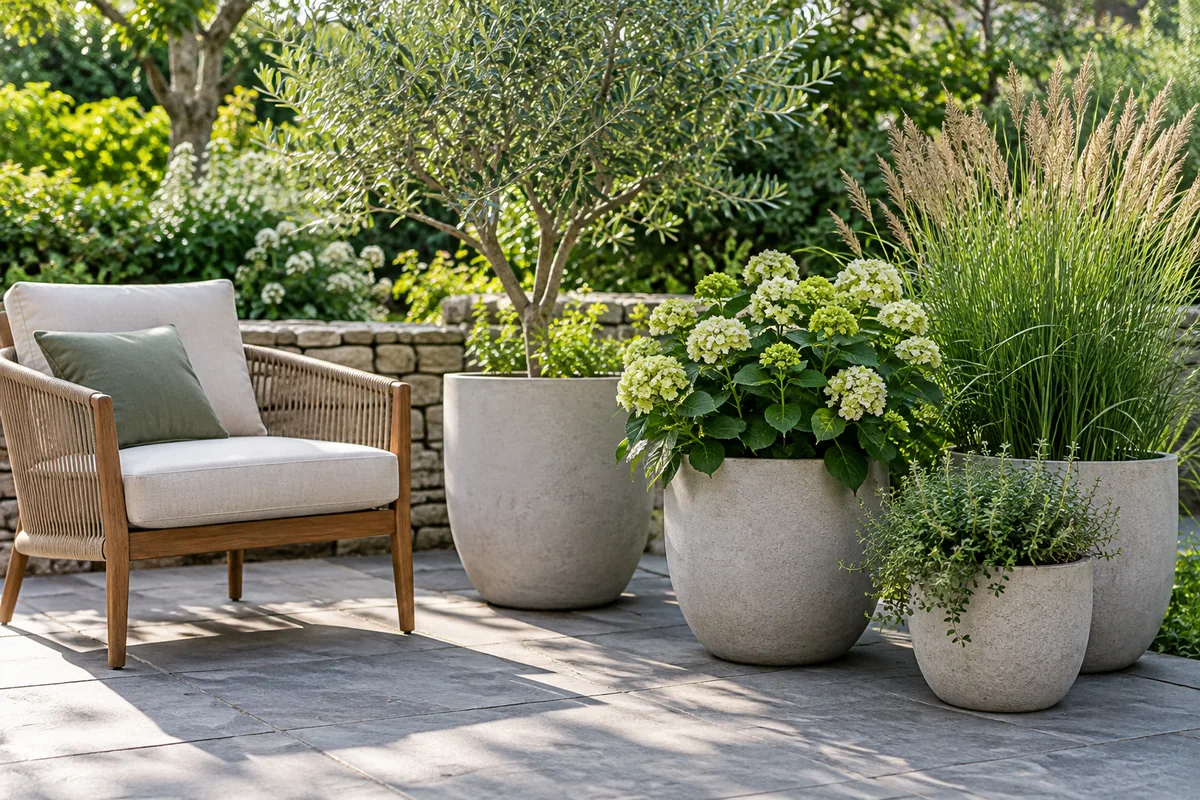A seated-height view of a chair and grouped container plants on a ground-level patio.