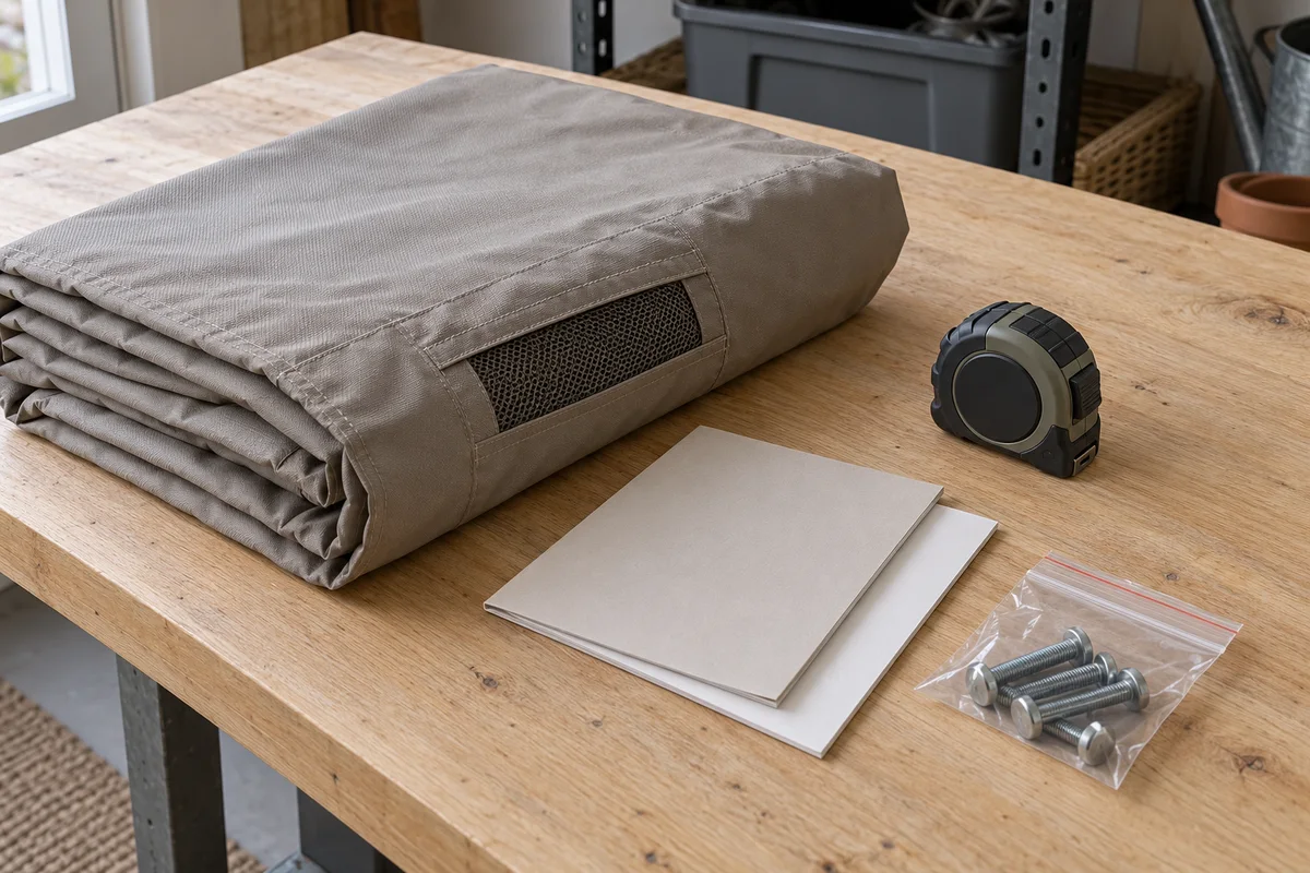A folded taupe furniture cover beside a closed tape measure, plain instruction booklets, and a small bag of furniture hardware on a utility-room workbench.