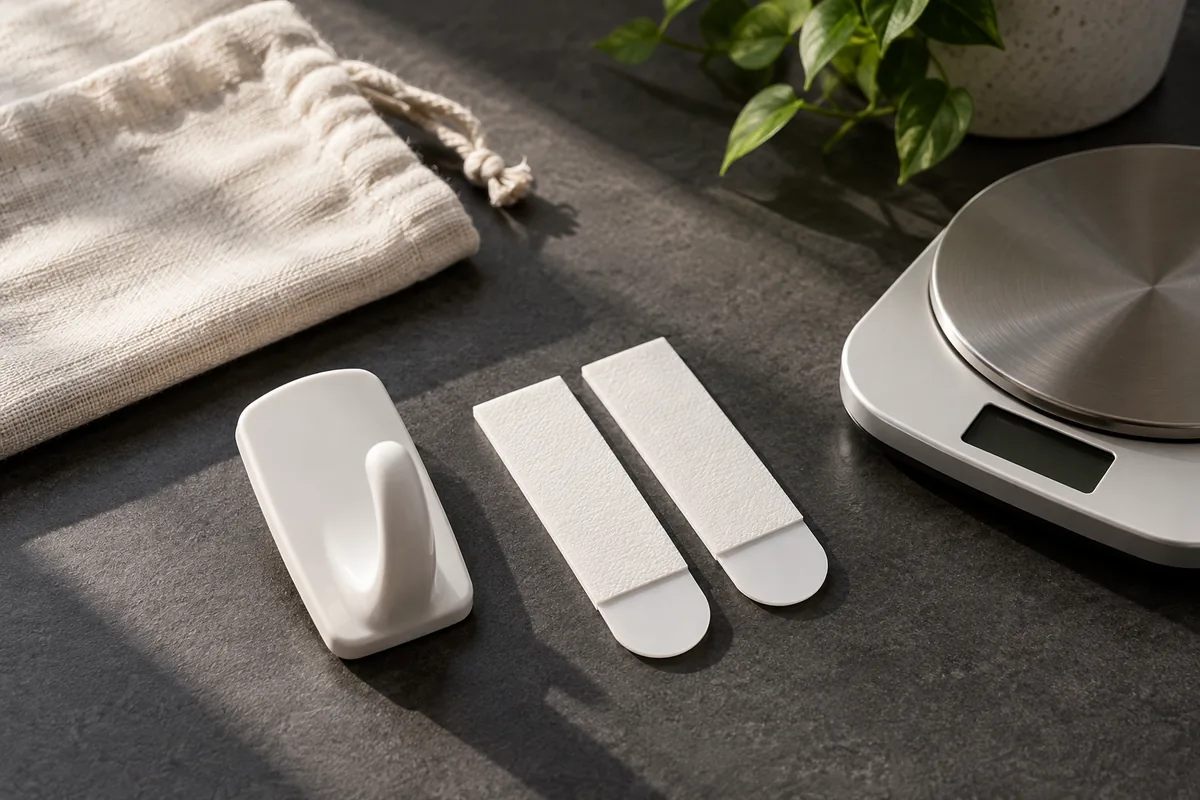 An unbranded adhesive hook and pull-tab strips beside a light pouch and a household scale.
