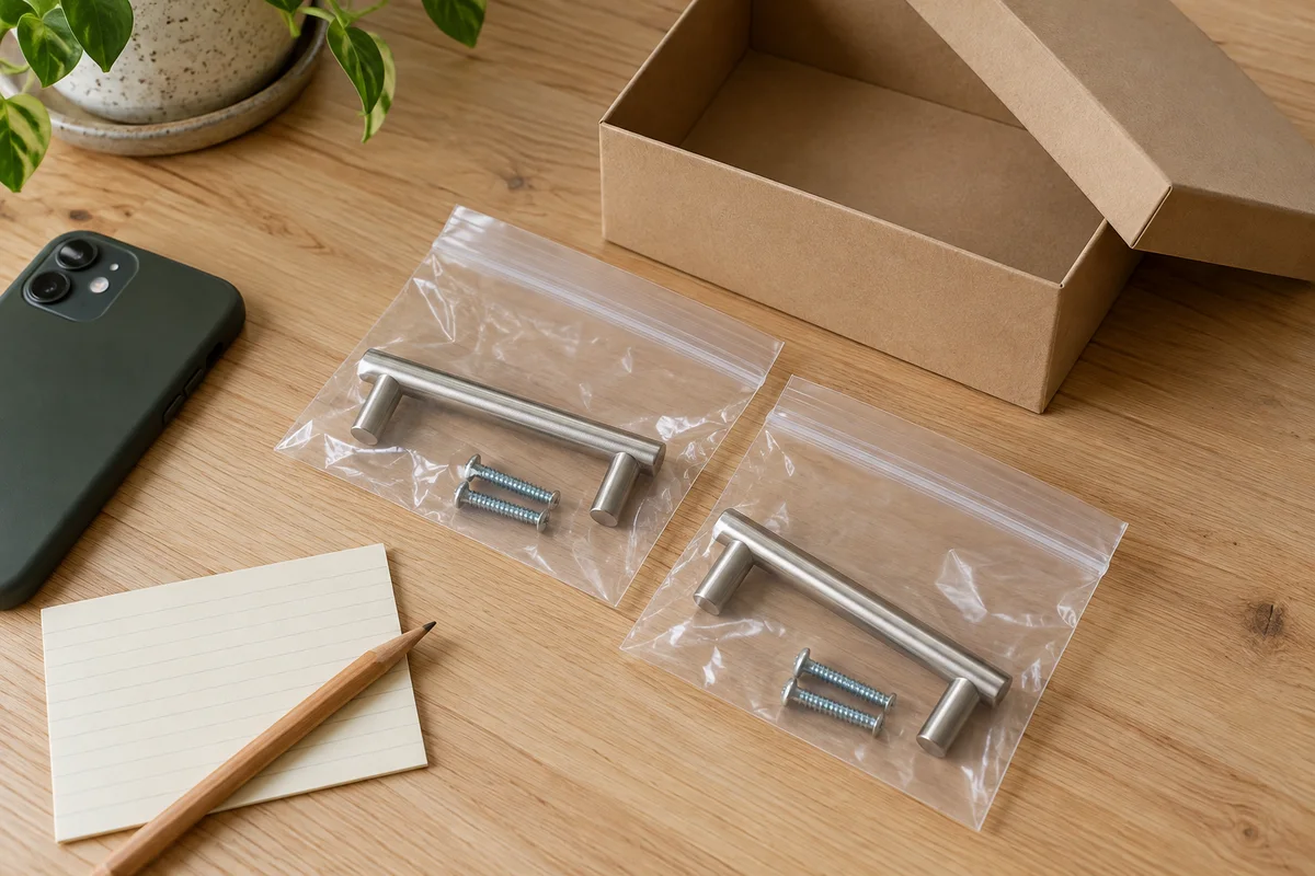 Two cabinet pulls with screws grouped in separate clear bags beside an open storage box and blank index card.