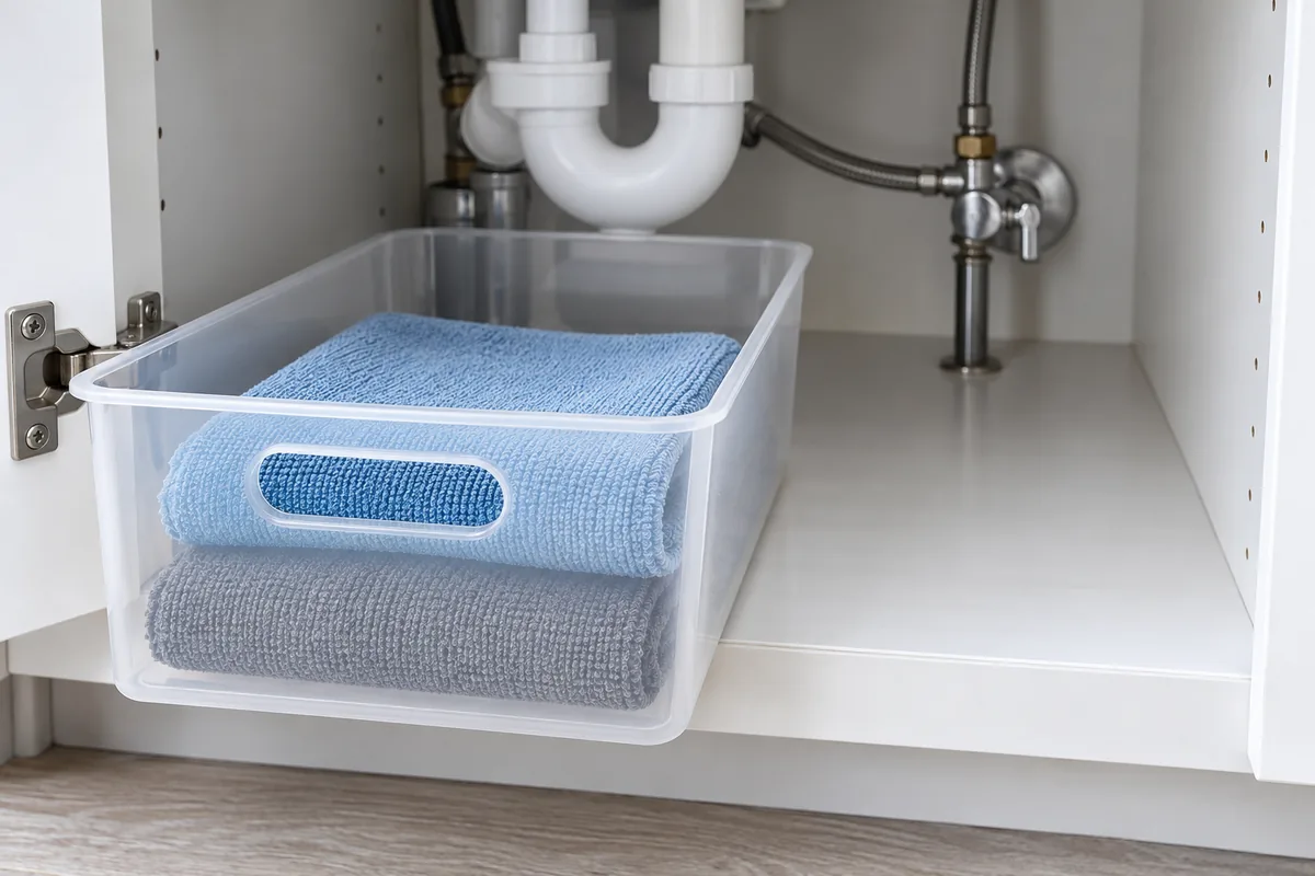 A handled storage bin pulled forward to reveal the dry cabinet floor and access to plumbing.