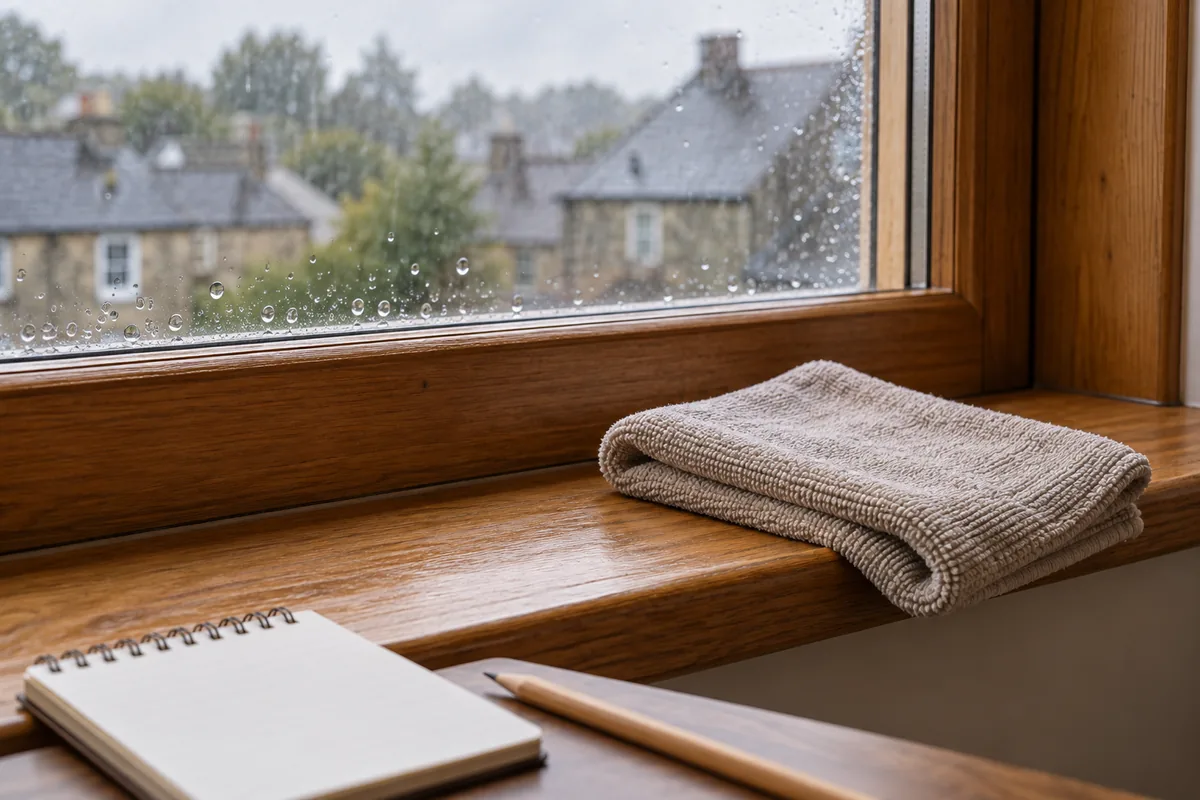 Small droplets on window glass beside a microfiber cloth and a blank observation notepad.