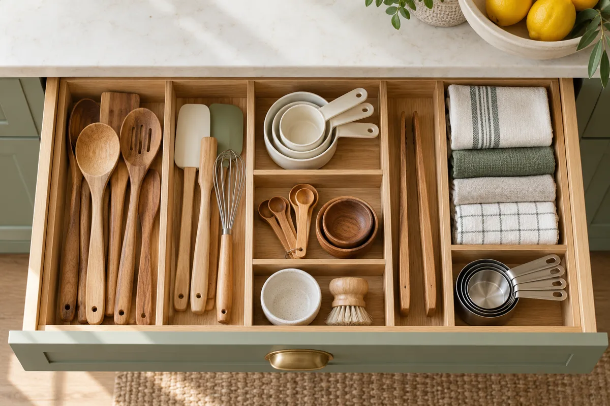 Illustrative neatly organized wooden kitchen drawer.