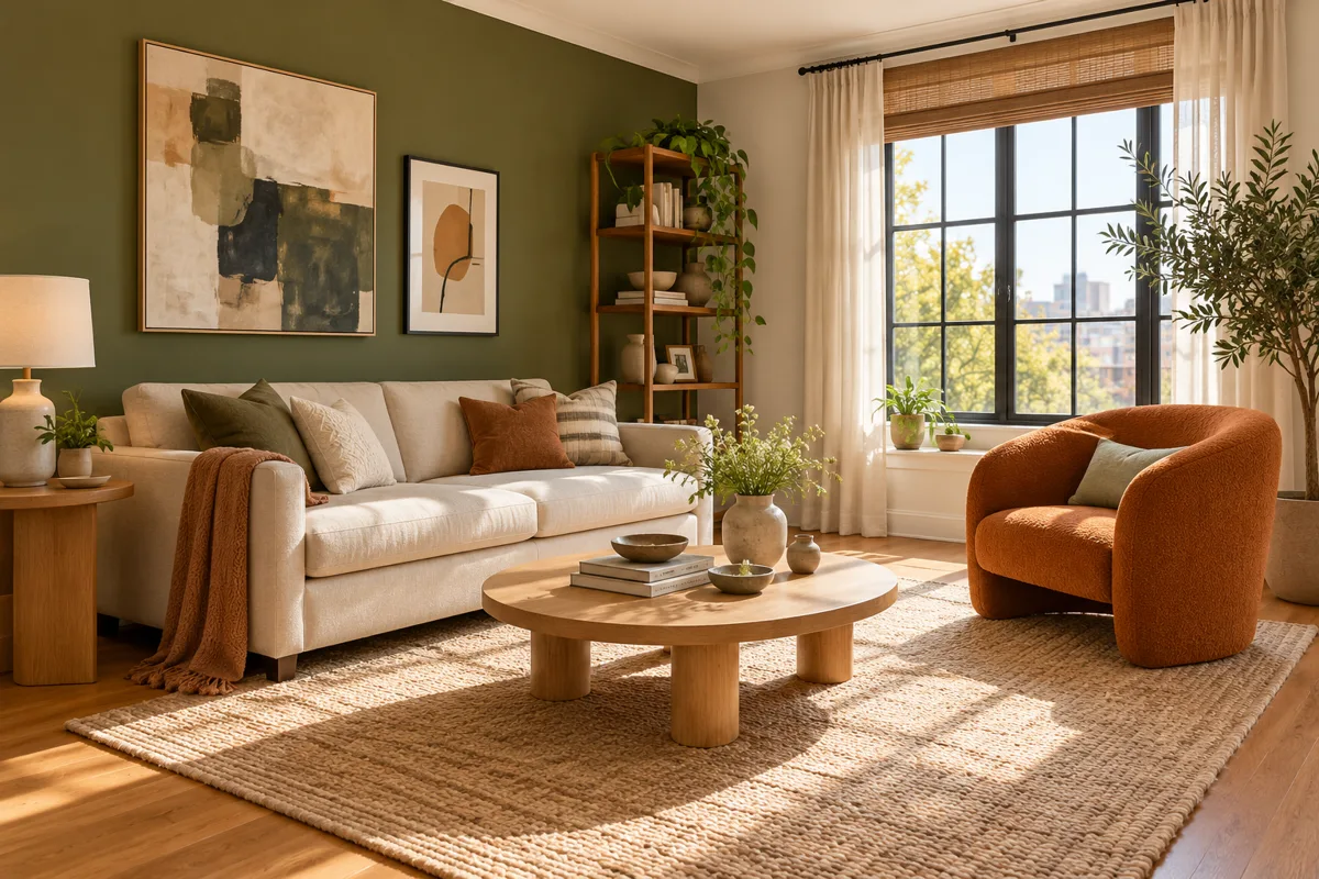 Illustrative warm living room with neutral furniture and green walls.