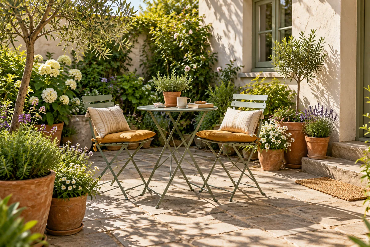 Illustrative garden patio with two chairs and leafy plants.