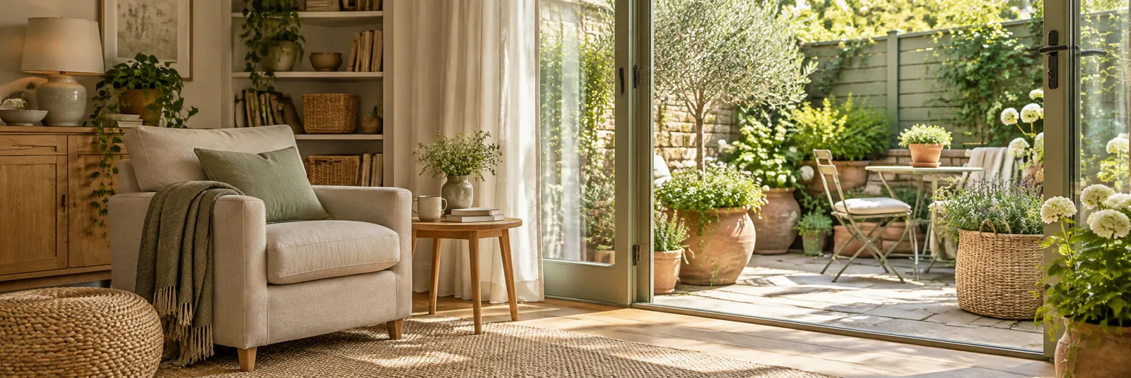 Illustrative sunlit living room opening onto a leafy garden patio.