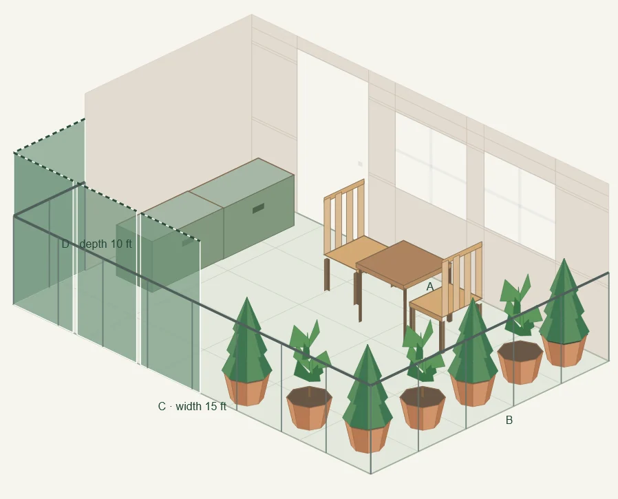 Example from our 3D planner with patio furniture, storage benches, potted plants, walls, and privacy screens.